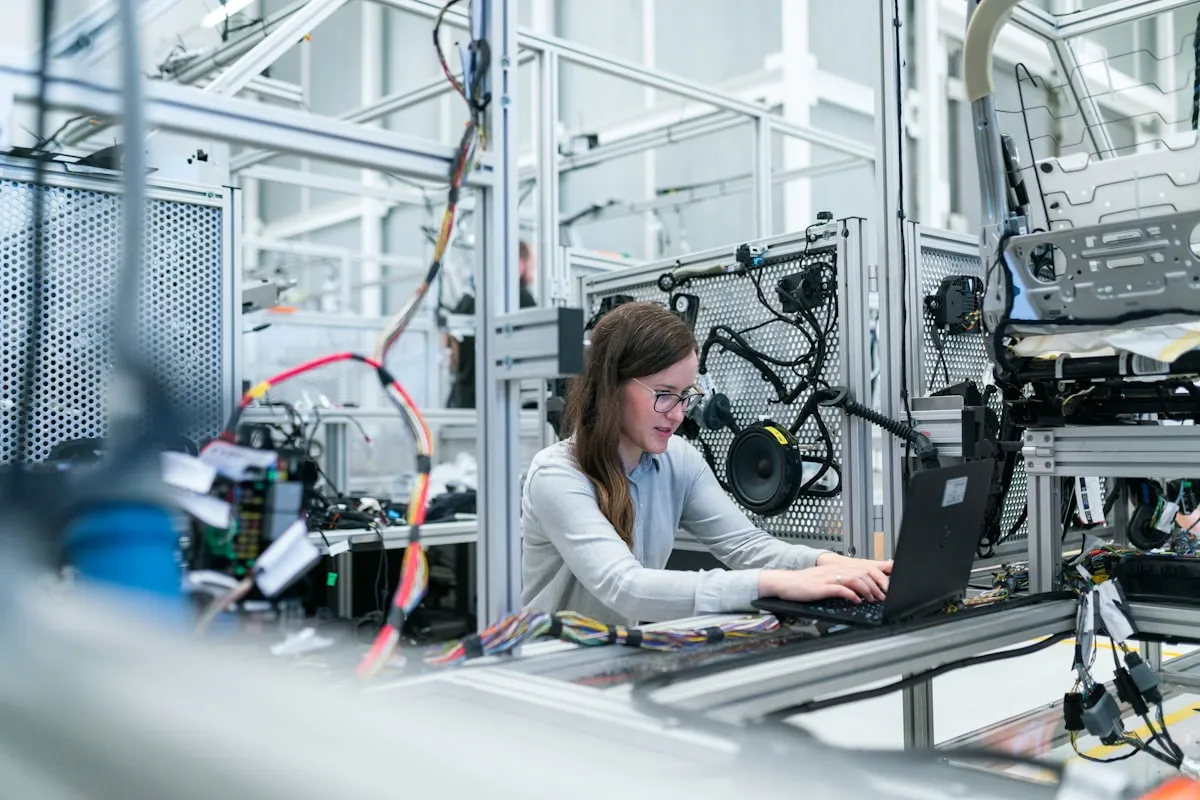 Wide angle view of an automated factory floor